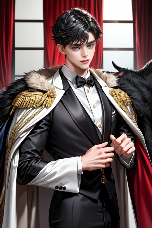 masterpiece, 最high quality, high quality, 1 boy, alone, Male focus, Watching the audience, Messy black hair, Adorable big blue eyes, White, Noble, Noble,A sexy, voluminous, puffy cape、tuxedo、A very voluminous, large, very large, very large, long, long red and black cape with a high stand-up collar, made of a lot of fabric that reaches down to the floor., ,Cute beautiful boys,Cute, cute, kind, handsome guy