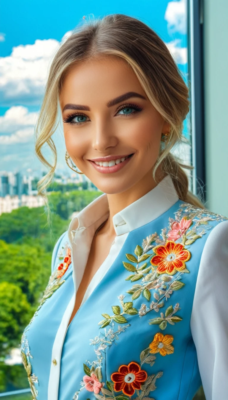 Close-up of an extremely beautiful girl. Her eyes are filled with happiness and desire. The background is a modern, luxurious office. She is wearing an office outfit, embroidered with flowers and leaves, with elaborate, eye-catching patterns. The view of the sky through the window is clear blue, with white clouds floating gently, as beautiful as a fairyland. The photo conveys a strong sense of desire for a modern, civilized urban development opportunity, ((smiling))