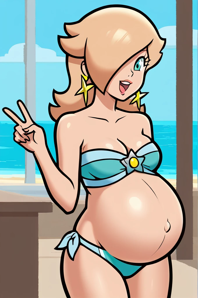 score_9, score_8_up, 1girl, solo, rosalina, style parody, thick outlines, bikini, swimsuit, pregnant belly, big belly, sleeveless, strapless, cleavage, indoors, beach, happy, showing his belly
