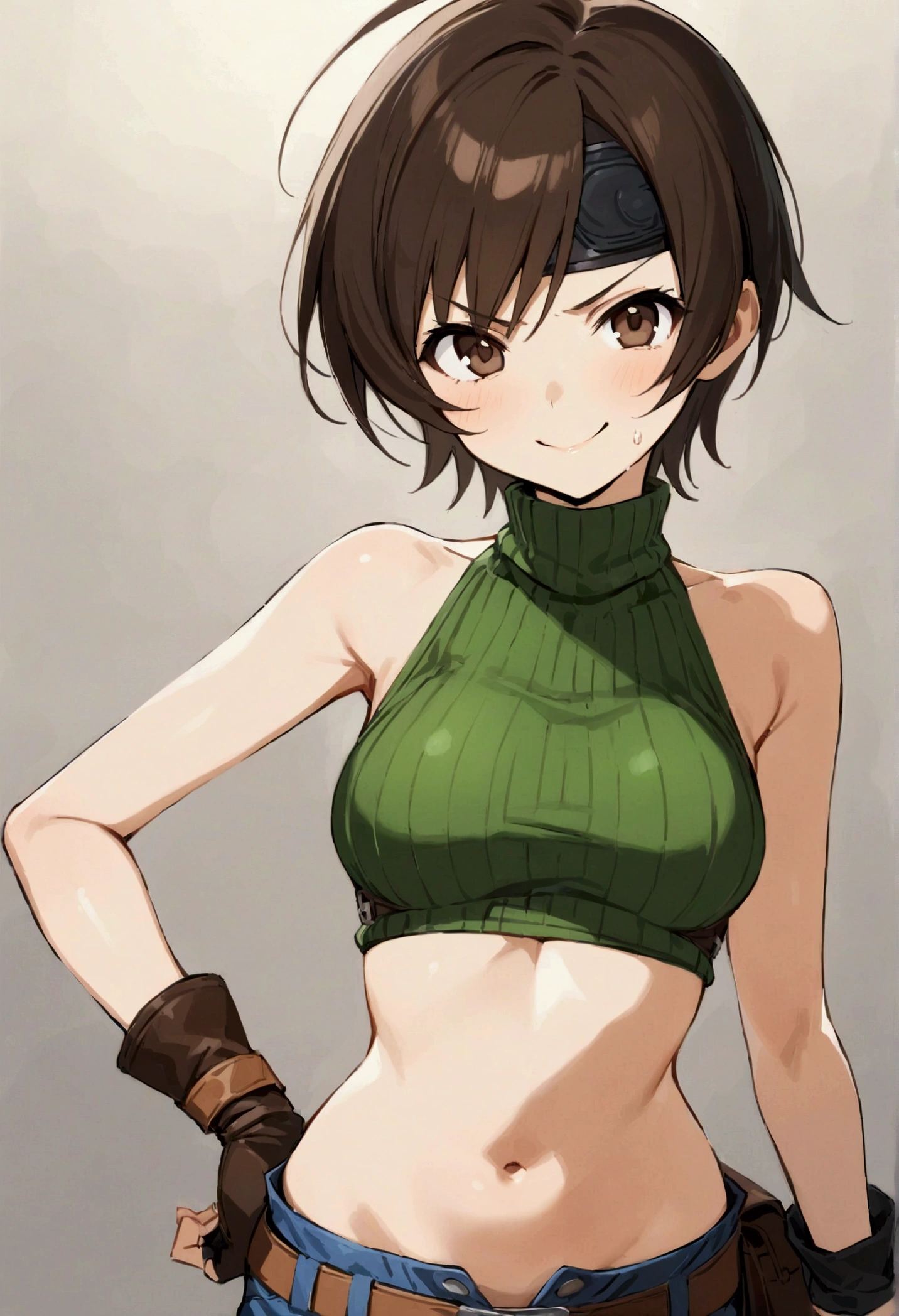 score_9, score_8_up, score_7_up,BREAK best quality,high quality,masterpiece,aesthetic,very aesthetic,　soro,1girl,yuffie kisaragi,, final fantasy,short hair,headband,navel,sleeveless,turtleneck
brown eyes,
sleeveless turtleneck,gloves,crop top,brown hair,shorts,midriff,sweater,open fly,fingerless gloves,ribbed sweater,looking at viewer,smug,v-shaped eyebrows,wide eyes,v,hand on hip,