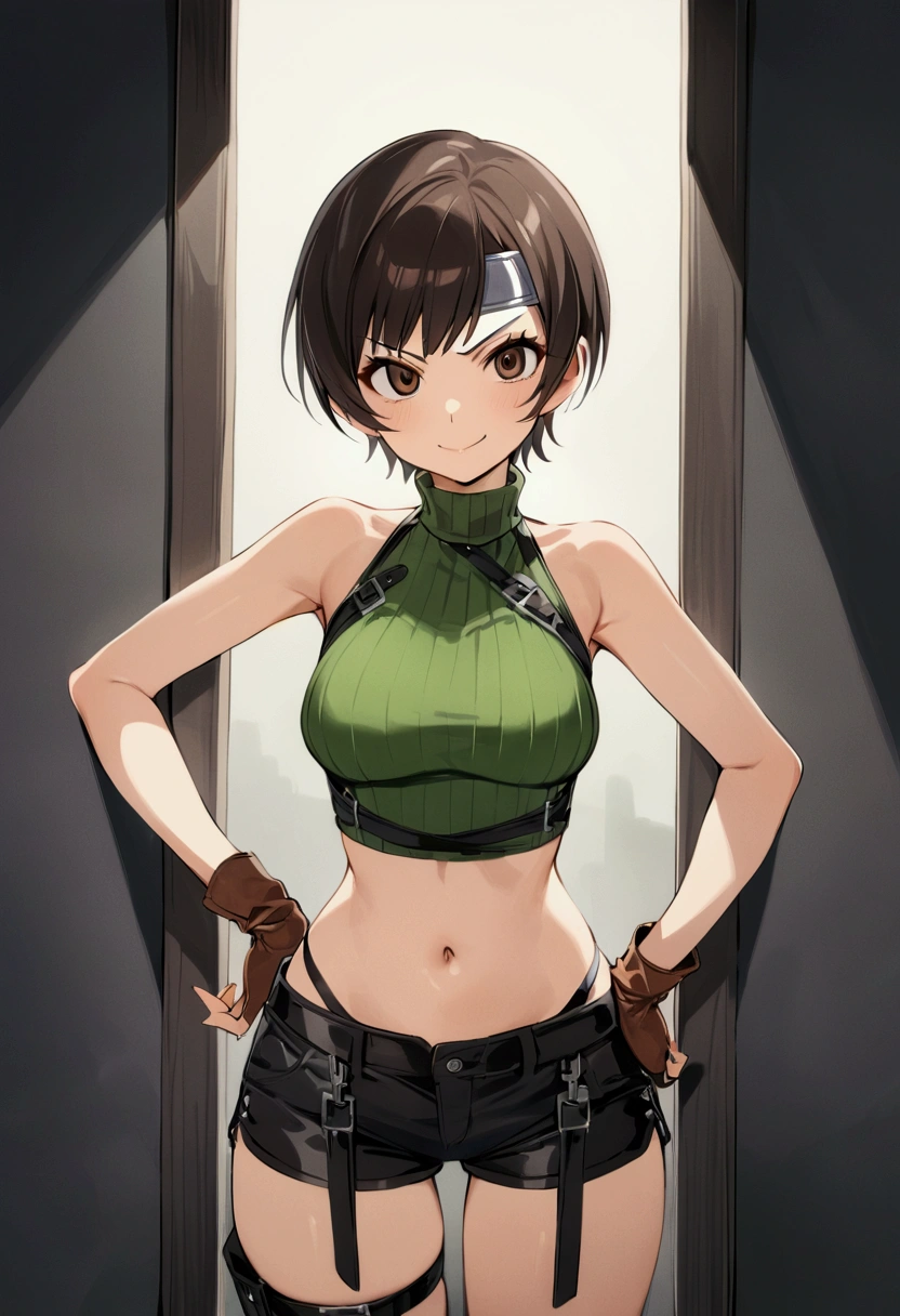 score_9, score_8_up, score_7_up,BREAK best quality,high quality,masterpiece,aesthetic,very aesthetic,　soro,1girl,yuffie kisaragi,, final fantasy,short hair,headband,navel,sleeveless,turtleneck
brown eyes,
sleeveless turtleneck,gloves,crop top,brown hair,shorts,midriff,sweater,open fly,fingerless gloves,ribbed sweater,looking at viewer,smug,v-shaped eyebrows,wide eyes,v,hand on hip,