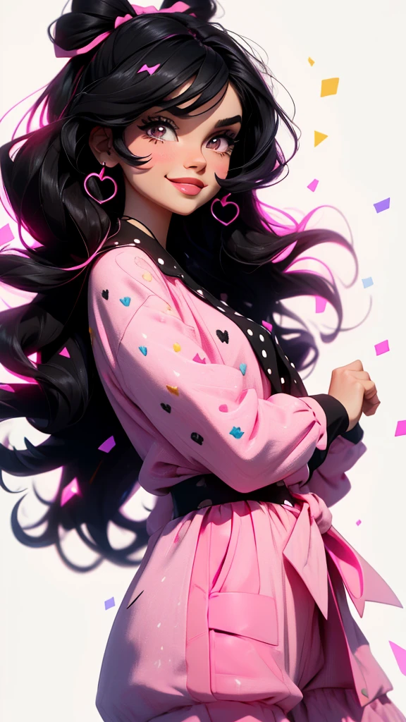 Kyle jenner, pajama pink dots and black, long black hair, pink bow in hair, smiling, white background