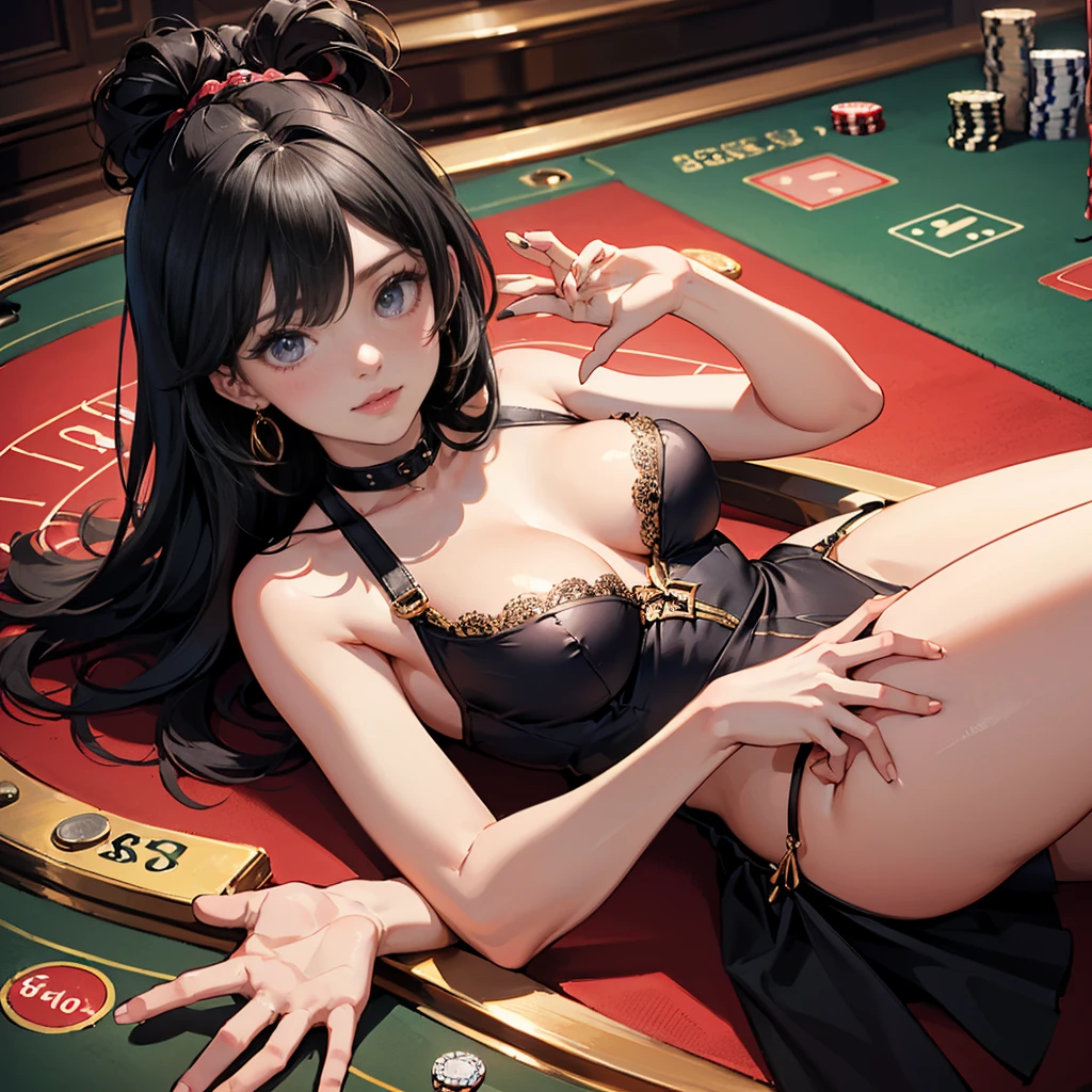 (Highest quality, 8k, masterpiece:1.3,beautiful girl), (masterpiece:1.3, Highest quality, Ultra-high resolution, Very detailed),Beautiful body, Beautiful breasts, Beautiful thighs, Beautiful legs, Beautiful fingers, Glowing Skin,(((Long Hair,Black Hair,Beautiful Hair))),(Perfect Anatomy, Anatomically correct, Very detailed肌), Cute and symmetrical face, Perfect Face, Perfect Eyes, ((Perfect Fingers, Five Fingers)), (((whole body,Draw the whole thing)))((Two Arms))((Woman 1,)),casino,In the crowd,Bunny girl,mini skirt,No sleeve,Lying at the roulette table,(((Seducing a man,A captivating look)))