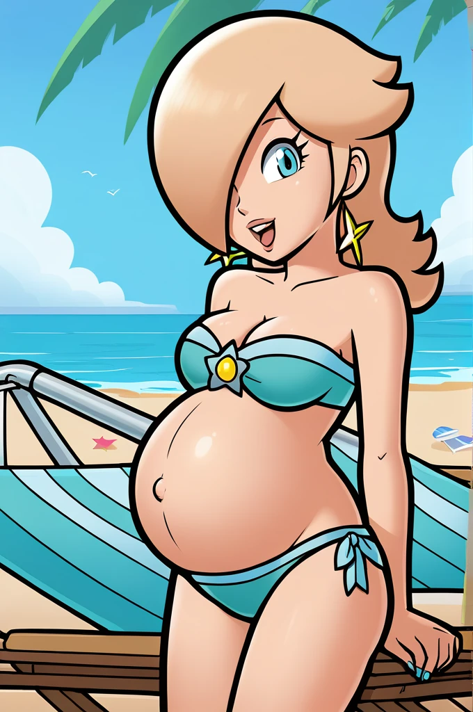 score_9, score_8_up, 1girl, solo, rosalina, style parody, thick outlines, bikini, pregnant belly, big belly, sleeveless, strapless, cleavage, indoors, beach, happy, showing his belly