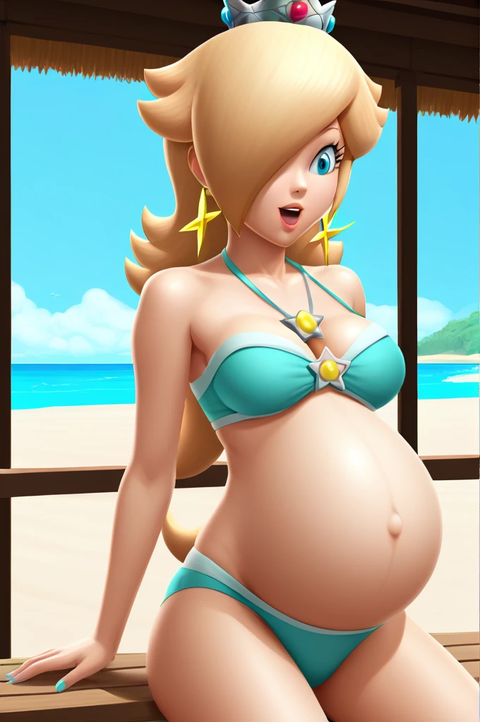 score_9, score_8_up, 1girl, solo, rosalina, style parody, thick outlines, bikini, pregnant belly, big belly, sleeveless, strapless, cleavage, indoors, beach, happy, showing his belly