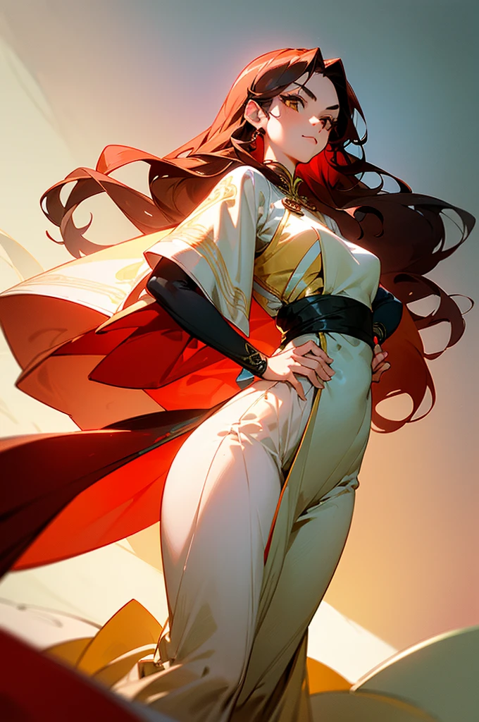 ((A teenager girl with long deep red wavy hair)), slender upturned eyebrows, sharp eyes, delicate features, ((a mix of Central Asian and European facial characteristics)), a hint of a smile at the corner of her mouth, exuding confidence, her figure is svelte, ((a fantasy-style long dress designed for both ease of movement and regal elegance, loose and comfortable trousers that match the outfit for ease of movement, red and white as the main color, complemented by yellow accents)), proudly standing with hands on hips, the scene is set in a majestic fantasy-style ancient city that melds Chinese and Japanese architectural influences, this character embodies a finely crafted fantasy martial arts-style female warrior in anime style, exquisite and mature manga art style, perfect nose, perfect mouth, perfect eyes, perfect hair, Perfect skin, textured skin, detailed skin, porcelain skin, high definition, best quality, highres, ultra-detailed, ultra-fine painting, extremely delicate, professional, anatomically correct, symmetrical face, extremely detailed eyes and face, high quality eyes, creativity, RAW photo, UHD, 32k, Natural light, cinematic lighting, masterpiece-anatomy-perfect, masterpiece:1.5