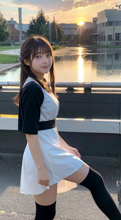 (Highest quality,8K quality,masterpiece:1.3),(Ultra-high resolution,Photorealistic:1.4,RAW Photos),(Ultra-detailed,Caustics,Detailed Background),(Ultra-Realistic Capture,Beautiful and detailed skin,Perfect Anatomy),16 years old,cute,Are standing, Black short bob,Looking into the camera,Laughter,White tight dress,  Knee-high socks, sundown,Sunset sky,School building,Schoolyard,Natural soft light, 