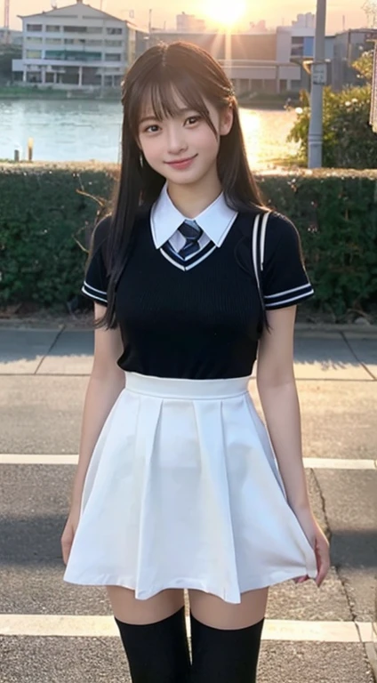 (Highest quality,8K quality,masterpiece:1.3),(Ultra-high resolution,Photorealistic:1.4,RAW Photos),(Ultra-detailed,Caustics,Detailed Background),(Ultra-Realistic Capture,Beautiful and detailed skin,Perfect Anatomy),16 years old,cute,Are standing, Black short bob,Looking into the camera,Laughter,White tight dress, Knee-high socks, sundown,Sunset sky,School building,Schoolyard,Natural soft light,