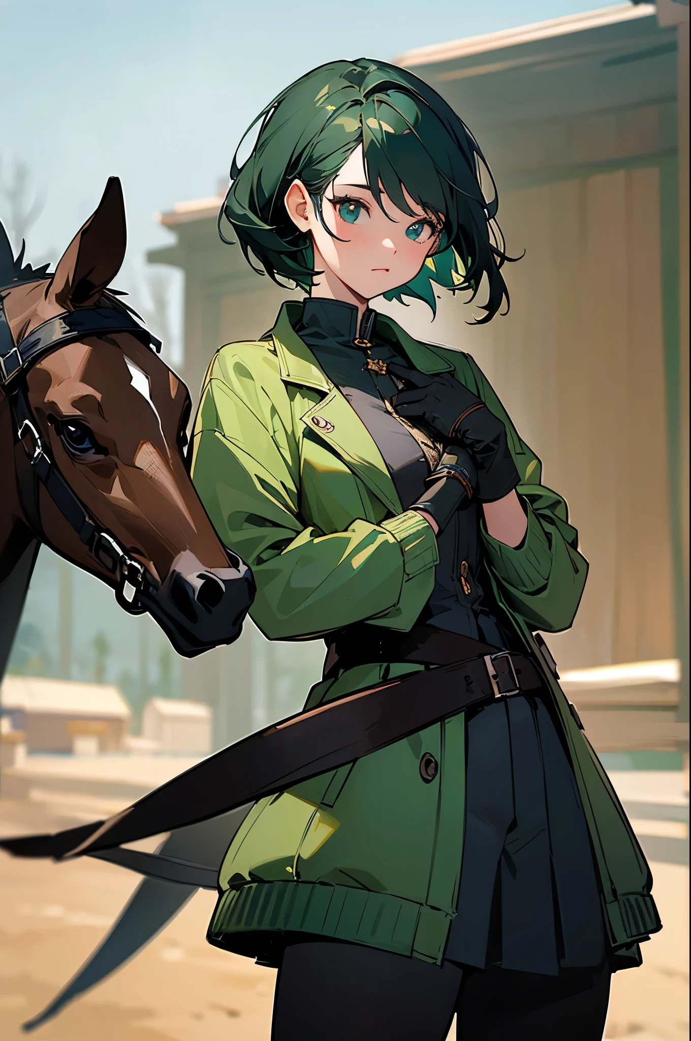 (masterpiece:1.3), perfect lighting, ultra high quality cg, best quality, perfect image, solo, 1girl, shamir, green jacket, black gloves, outdoors, stables, cowboy shot, detailed background