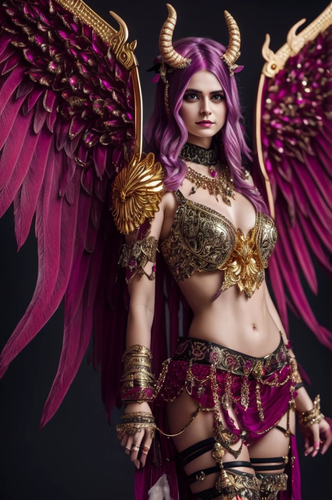 Red demon with long horns, adorned with lilac details, gold, and diamonds. It has piercing eyes, long wings, set in a highly detailed 4K HD scenery."