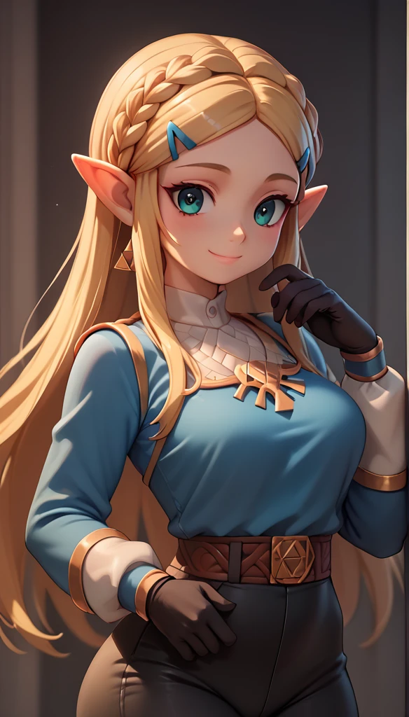 High resolution, Very detailed, perfect lighting, beautiful detailed eyes,   ((masterpiece,Best Quality)), absurdities, Alone,     princess zelda, by the wide, crown braid, Hair clip, pointy ears, blue shirt, long sleeves, Gloves without fingers, black gloves, Black pants, tight pants, smile, curves, nod,   , 