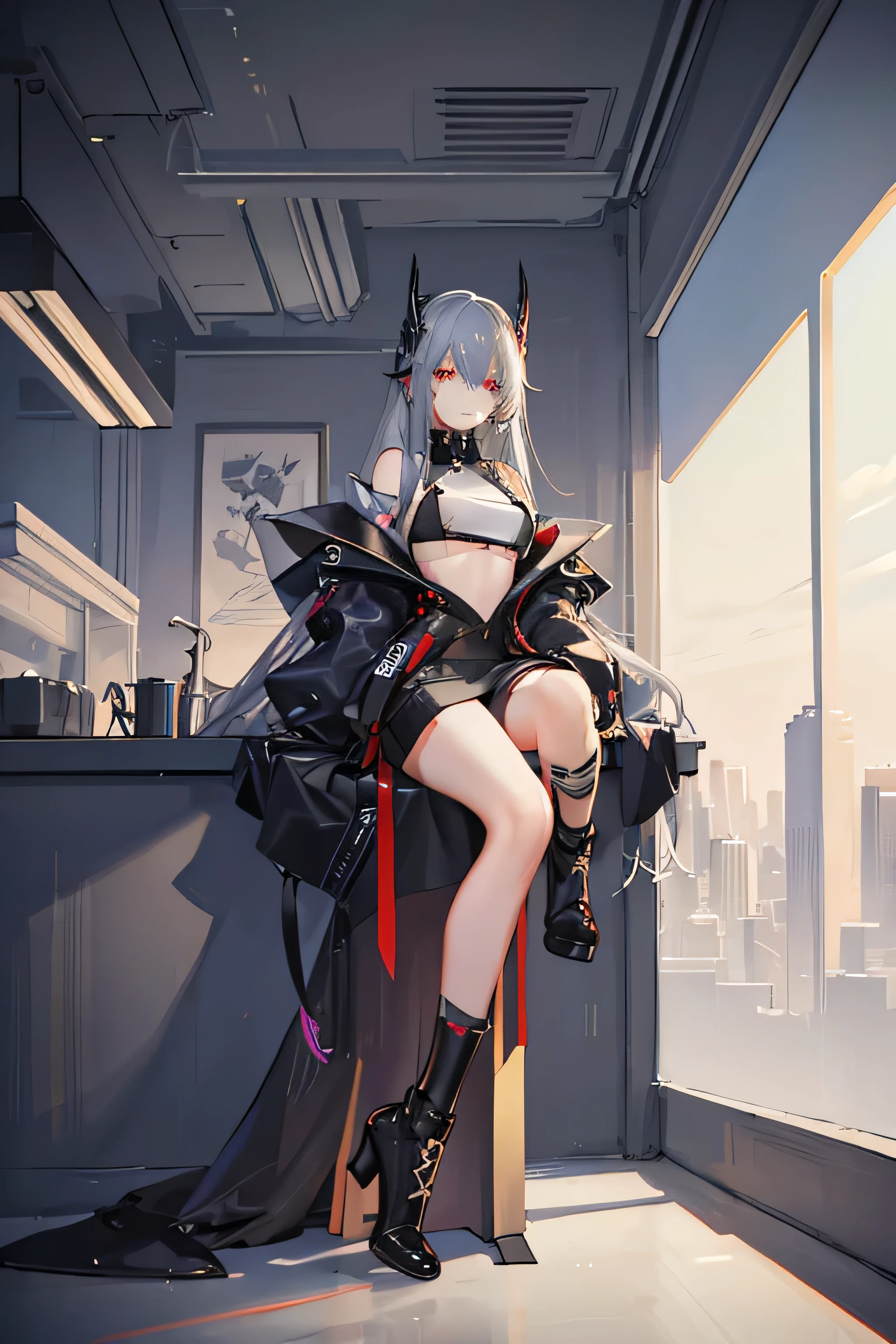 High angle photo of gorgeous young woman in cyberpunk style, Realistic skin texture, look up,White and black sweatshirt future city, Posing on top of a skyscraper、1 / 2. Body Crop, 8 5mm Art Lens, 1 1. 2, Sharp focus, 8K high resolution, Very detailed, Complex, elegant, Art by Stanley Lau and Cyberpunk、Gray Hair、High heels、Long Hair、Height: about 170cm