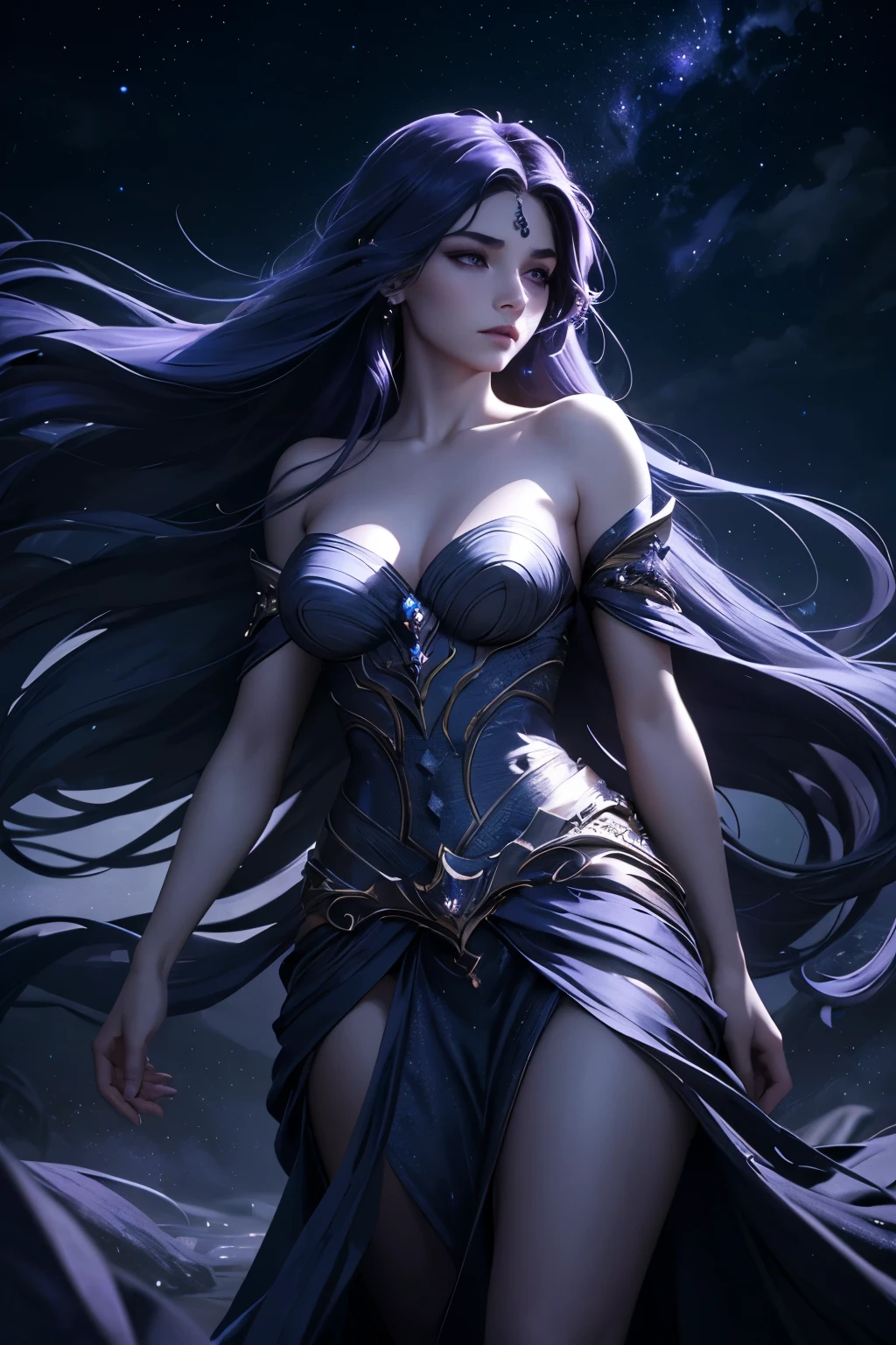 a midnight goddess, detailed elegantly flowing hair, piercing eyes, flawless porcelain skin, ethereal flowing dress, surreal dark cloudy night sky background, glowing moonlight, stars sparkling in the sky, serene tranquil expression, mysterious aura, photorealistic, cinematic lighting, chiaroscuro, dramatic shadows, moody blue and purple tones, mystical, spiritual, fantasy, concept art
