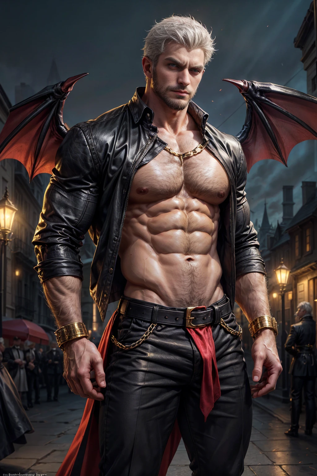 The image and related scenes of the vampire noble duke in the Victorian era. As far as the main content is concerned, the temperament of the Vampire Duke is elegant, elegant, mature man, open shirt! Short hair, strong and delicate facial lines, wearing gorgeous and exquisite aristocratic clothes. Use side light or backlight to emphasize the details of muscles and equipment. The color matching is mainly black, gold and red. Put on gorgeous and exquisite vampire noble costumes. Men's focus, outdoor, vampire, bat wings, short hair, shirt, shut up, men's focus, belt, trousers, facial hair, abdominal muscles, chest, muscles, cuffs, mature men, beard, men, cuffs, belt, chest hair, system clothes, chest strap, chest strap, more details, white hair, thick beard Zi, thick chest hair, it shows the majestic power of the Vampire Duke and the elegance of the times, highlighting the gorgeous clothing and decoration. The color matching is mainly black, tall, slender, slim figure (a clearly defined waist), with furry big breasts, white/grey hair and furry body.