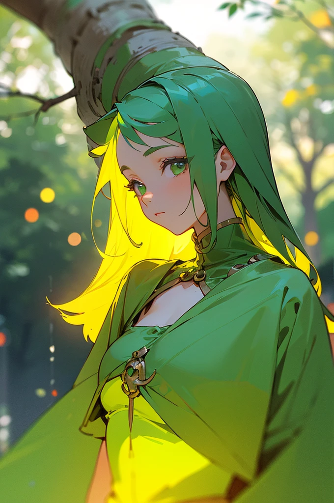 Spanish goddess, (green theme), ((glowing)), 1girl, solo, looking at viewer, upper body,bangs, lanky body, flat chest, whimsical treehouse nestled in the treetops, (masterpiece, best quality, detailed:1.3), attractive, (bokeh:1.3)
