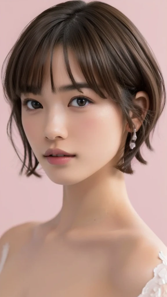 (NSFW), beautiful girl, brown eyes, ((beautiful slim teenage girl 18 year old, short hair color [Brown highlights hair], [undercut pixie] hair)), ((big tits)), lips, realistic, ((skinny body)), charming, pink lipstick, colorful makeup, long eyelashes, wearing eyeliner, fair skin, (cute), (detailed face), detailed eyes, detailed iris, complete naked, complete closed mouth, full body, 