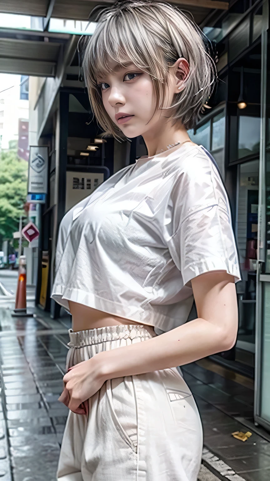 (Realistic、Like a photograph、Live Action、8k, Realistic, RAW Photos, Best image quality: 1.4), Single-lens reflex camera、RAW Photos, Highest quality, Realistic, Highly detailed CG Unity 8k wallpaper, Written boundary depth, Cinematic Light, Lens flare, Ray Tracing, Realistic background、Looking back at the landmine girl、((Wearing a white blouse:1.4)、((Wear wide leg pants:1.1、(p-line、The panty line is sheer))、Small breasts)、Cute ass)、((ultra high density skin))、 1 female,cute Japanese、Standing in front of the station, waiting for someone while looking at his smartphone、The whole body is visible:1.5、Wearing sneakers:1.1、((Silver Hair:1.5)、short hair:1.2、My hair flutters in the wind)、stylish ambiance、Very detailed and perfect costume、(White skin)、Precise and beautiful legs:1.1、Side view、Super detailed face