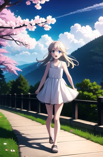 Illyasviel Von Einzbern (masterpiece),  BREAK 1girl,  breezy summer minidress (bare shoulders and bare arms),  wavy hair,  floating hair,  smile,  standing, wind ruffling her short hem of her dress (short hem; very short skirt),  open mouth,  light particles,  platinum blonde hair,  deep blue eyes,  looking at viewer,  face focus, BREAK, scenery,  mountainous horizon,  cherry blossoms,  petals,  light particles,  BREAK upper body,  