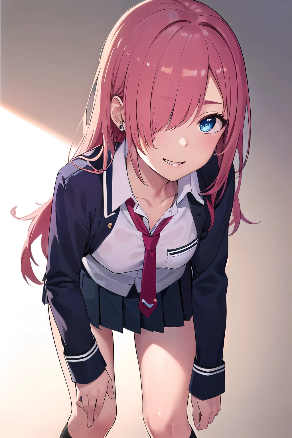 (8K, top-quality, masterpiece:1.2), (reallistic, Photorealsitic:1.37), Super Detail, One girl,), (Highly detailed), (beautifully detailed eyes), (of the highest quality), (super detailed ), (masterpiece), (Detailed face),20yr old, ,1 girl, ((pink hair,long hair)), medium breasts, clothed, Perfect Lighting, BREAK (navy and gray color scheme:1.2), (check pattern:1.2), (school uniform:1.5), (long sleeve blouse:1.4), (V-neck with necktie:1.3), (pleated mini skirt:1.4), (beige skirt:1.2), (black glossy tights:1.2), (black loafers:1.2), (gold stud earrings:1.1), (relaxed fit:1.1), (soft fabric:1.1), BRAKE, (upper body to thighs:1.1), (pink long hair:1.2), (hair over one eye:1.2), (waves:1.1), (bright smile:1.2), (facing forward:1.2), (relaxed pose:1.1), (hands on back:1.1), (white background:1.1), (soft lighting:1.1), BRAKE