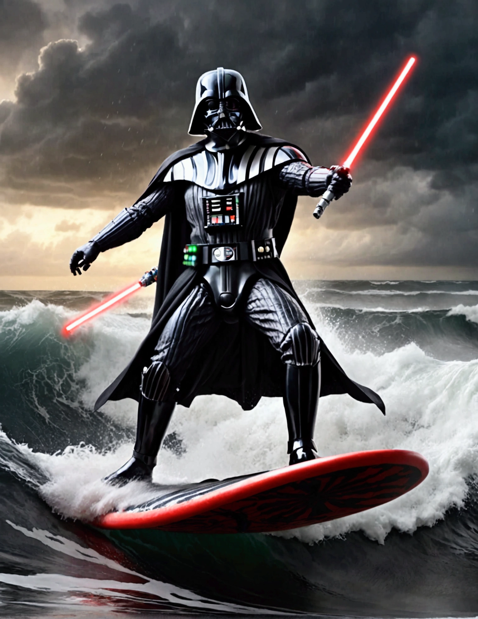 (Star Wars) Darth Vader is riding a mechanized combat surfboard, choppy waves, battle stance with 1 lightsaber lit, stormy skies