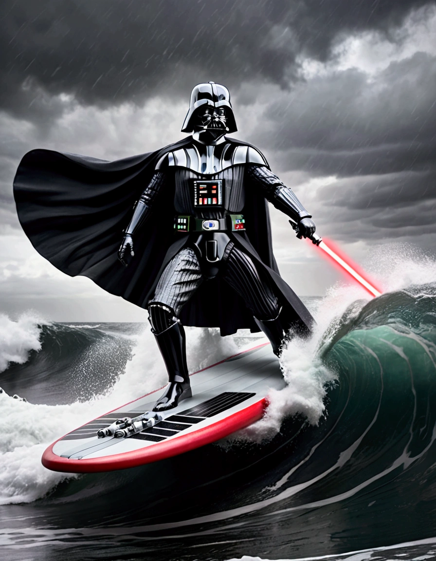 (Star Wars) Darth Vader is riding a mechanized combat surfboard, choppy waves, battle stance with 1 lightsaber lit, stormy skies