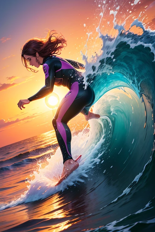 A dynamic scene of a surfer riding a massive wave, with the sun setting in the background. The ocean is vibrant and turbulent, with water spraying around the surfer. The sky is painted in hues of orange, pink, and purple, reflecting on the water. The surfer is wearing a wetsuit and is perfectly balanced on the surfboard, showcasing an impressive maneuver