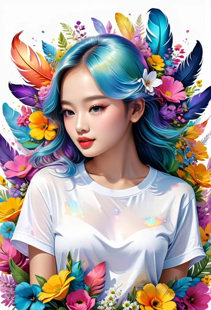 Dove illustration、Iridescent feathers、vivid、beautiful、cute、pop、Surrounded by flowers、colorful、T-shirt design、White Background、
