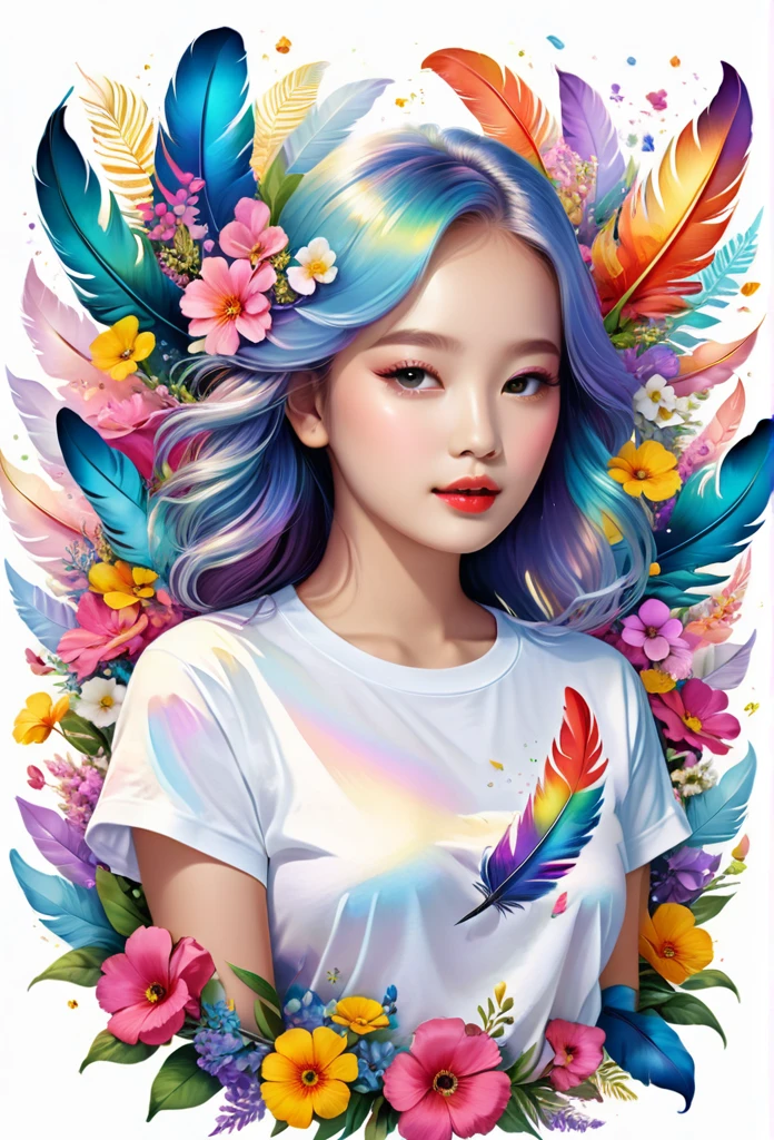 Dove illustration、Iridescent feathers、vivid、beautiful、cute、pop、Surrounded by flowers、colorful、T-shirt design、White Background、