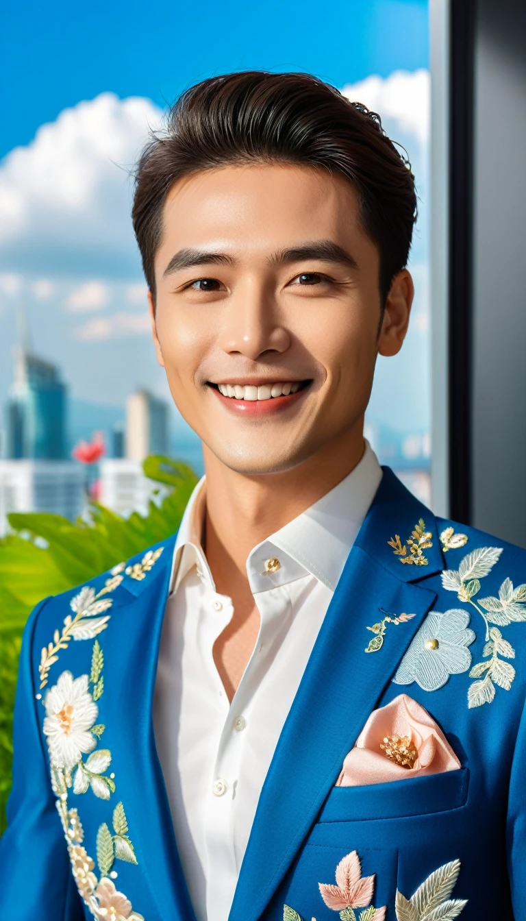 Close-up of an extremely handsome young man. His eyes are filled with happiness and desire. The setting is a modern, luxurious office. He is wearing a business suit, embroidered with flowers and leaves, with delicate, eye-catching patterns. The view of the sky through the window is clear blue, with white clouds drifting gently, as beautiful as a fairyland. The photo conveys a strong sense of desire for a modern, civilized urban development opportunity, ((laughs))