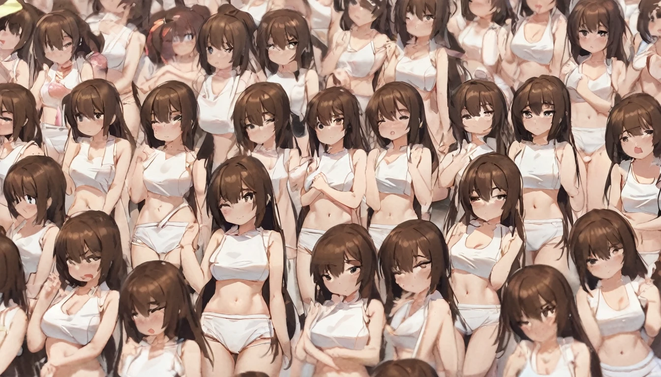 A crowd of clone girls wearing sleeveless white underwears, sleeveless White tank top underwear,sleeveless White camisole underwear, White panties underwear,leather shoes and shoulder bags commuting to work,Everyone in the same underwear,multiple clone girls, 20000+ clone girls,masterpiece,high detailed,best quality,All Girls,Wear only white underwear,brown hair,black eyes,long hair,clone girls