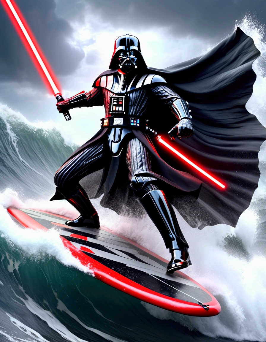 (Star Wars) Darth Vader is riding a mechanized combat surfboard, choppy waves, battle stance with 1 lightsaber lit, stormy skies