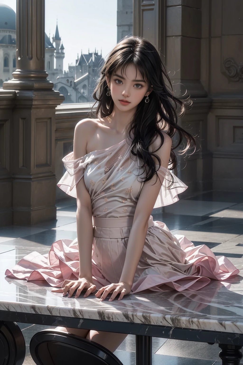 ((In front of the castle walls((Girl lying on a marble table on a large floor))、((Lying on a marble table))))、Fluorescent color、One Girl、Looking to the side、Beautiful Face、Beautiful Eyes、(From the shoulder down:1. 2)、Upper Body、Shiny Hair、Glowing Skin、Reduce glare、Adjust finger proportions、eyebrow、Butt、Dynamic Angle、((Master part))、((Highest quality))、((Ultra Details))、(An illustration)、(Detailed light)、(Very delicate and beautiful)、Dramatic Shadows、Ray tracing、reflection、Ultra-high resolution、((Master part))、((Highest quality))、((Ultra HD))。 Ultra-high resolution、((Colorful and black hair mesh girl))、Her hair flutters in the wind、(Big deep blue eyes)、Black-haired woman、Sparkling Butterfly、black-。 Black Haired Woman、Spots of light around the woman、Magical Aura、Green dot、About Aura Natural、超魔法的オーラBlack Haired Woman、 ((Translucent pink open shoulder dress: 1. 3)、(Sleeveless)、((The skirt is soaring in the wind))、((An old European castle is hazy in the distance))、(White panties are visible)
