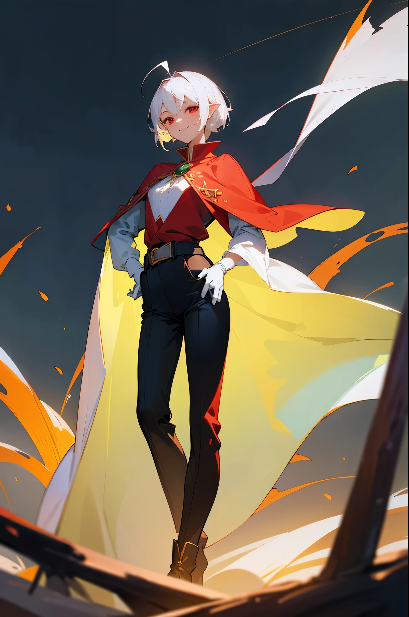 school outdoors,hand on hip,smile, sylphiettelp,pointy ears,short hair,white hair,forehead,ahoge,red eyes,solo, green collared capelet,green cape under capelet,white red shirt under cape,long sleeves,black belt,black pants,brown boots,white gloves,, Exquisite visuals, high-definition,masterpiece,best quality,Exquisite visuals,high-definition,masterpiece,best quality,18yo,Young female,Beautiful Fingers,Beautiful long legs,Beautiful body,Beautiful character design,