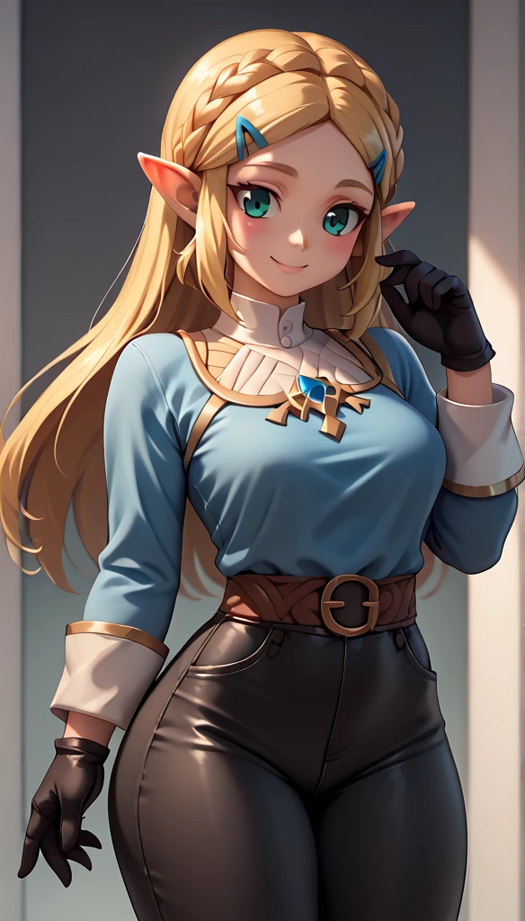 High resolution, Very detailed, perfect lighting, beautiful detailed eyes, ((masterpiece,Best Quality)), absurdities, Alone, princess zelda, by the wide, crown braid, Hair clip, pointy ears, blue shirt, long sleeves, Gloves without fingers, black gloves, Black pants, tight pants, smile, curves, nod, ,
