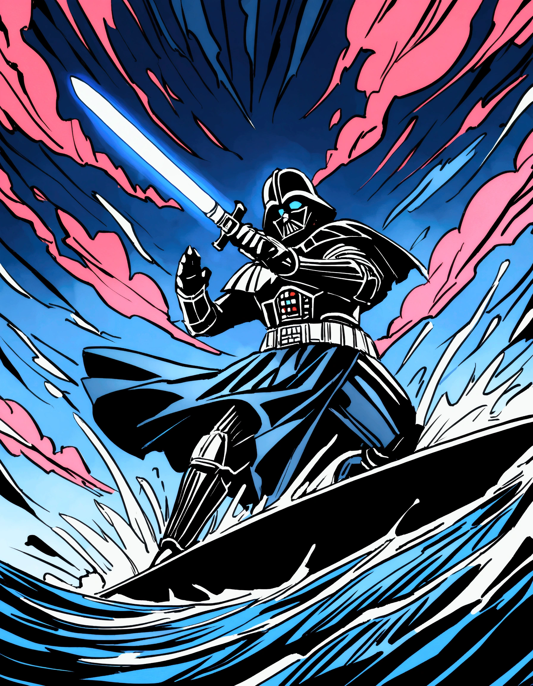 (Star Wars) Darth Vader is riding a mechanized combat surfboard, choppy waves, battle stance with 1 lightsaber lit, stormy skies