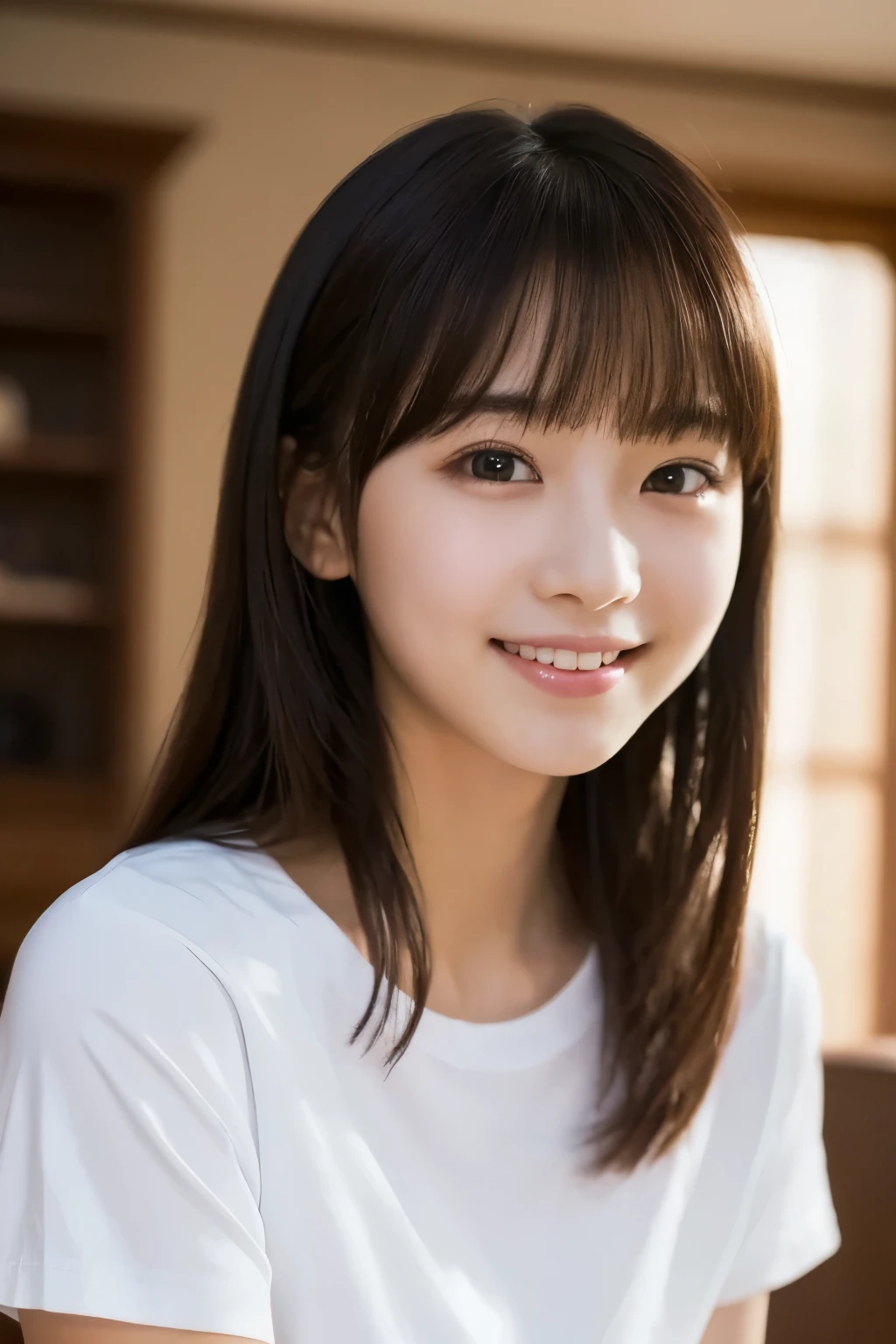 One Girl, (Wearing a white T-shirt:1.2), (13 years old:1.5), Young Face, Cute Face,
(RAW Photos, Highest quality), (Realistic, Photorealistic:1.4), Tabletop, Sharp focus,
Very delicate and beautiful, Very detailed, 2k wallpaper, wonderful, In detail,
Very detailed CG Unity 8K 壁紙, Very detailed, High resolution, Soft Light,
Beautiful detailed girl, Very detailed目と顔, Beautifully detailed nose, Beautiful attention to detail,
break
In the bright living room, Cinema Lighting,
Perfect Anatomy, Slender body, Straight Long Hair, Parted bangs, An innocent smile, View your viewers