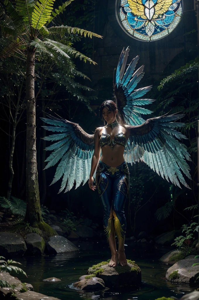 The Garuda bird is as tall as a big tree, made of stained glass that shines from within, original size,wings are blue, red, and bright yellow,resting on a mossy rock beside a clear river and a dark forest at night. The moon illuminates the scene and highlights the fern leaves made of shining stained glass and the light from the animals reflects in the river.