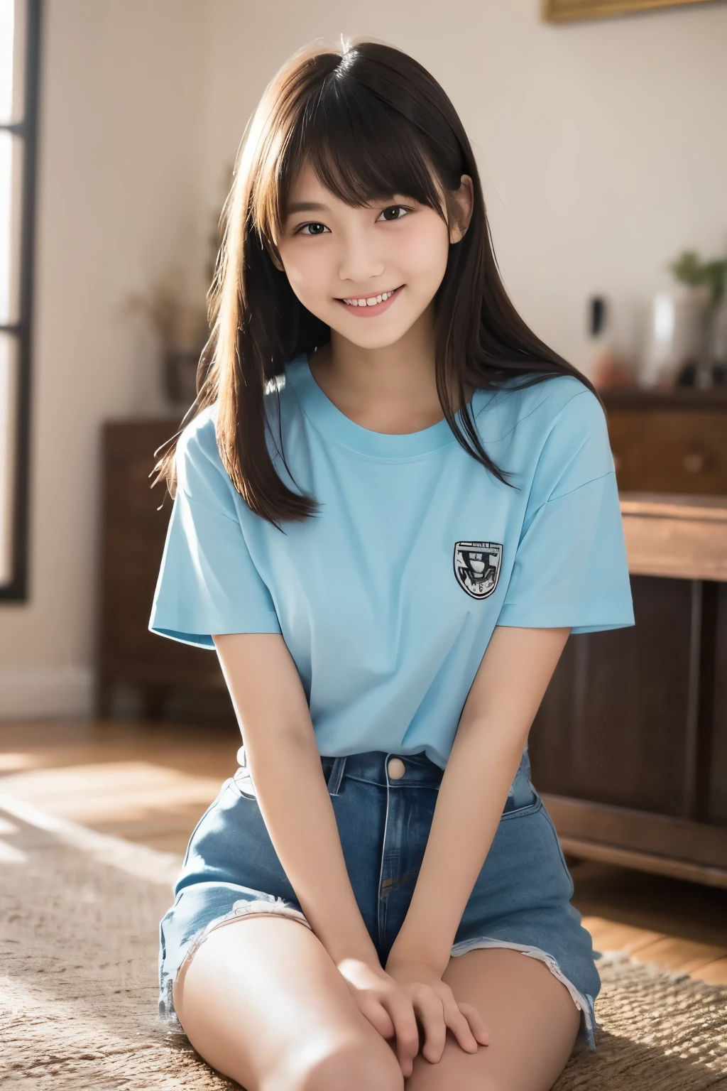 One Girl, (Wearing a light blue T-shirt:1.2), (:1.5), Young Face, Cute Face,
(RAW Photos, Highest quality), (Realistic, Photorealistic:1.4), Tabletop, Sharp focus,
Very delicate and beautiful, Very detailed, 2k wallpaper, wonderful, In detail,
Very detailed CG Unity 8K 壁紙, Very detailed, High resolution, Soft Light,
Beautiful detailed girl, Very detailed目と顔, Beautifully detailed nose, Beautiful attention to detail,
break
In the bright living room, Cinema Lighting,
Perfect Anatomy, Slender body, Straight Long Hair, Parted bangs, An innocent smile, View your viewers