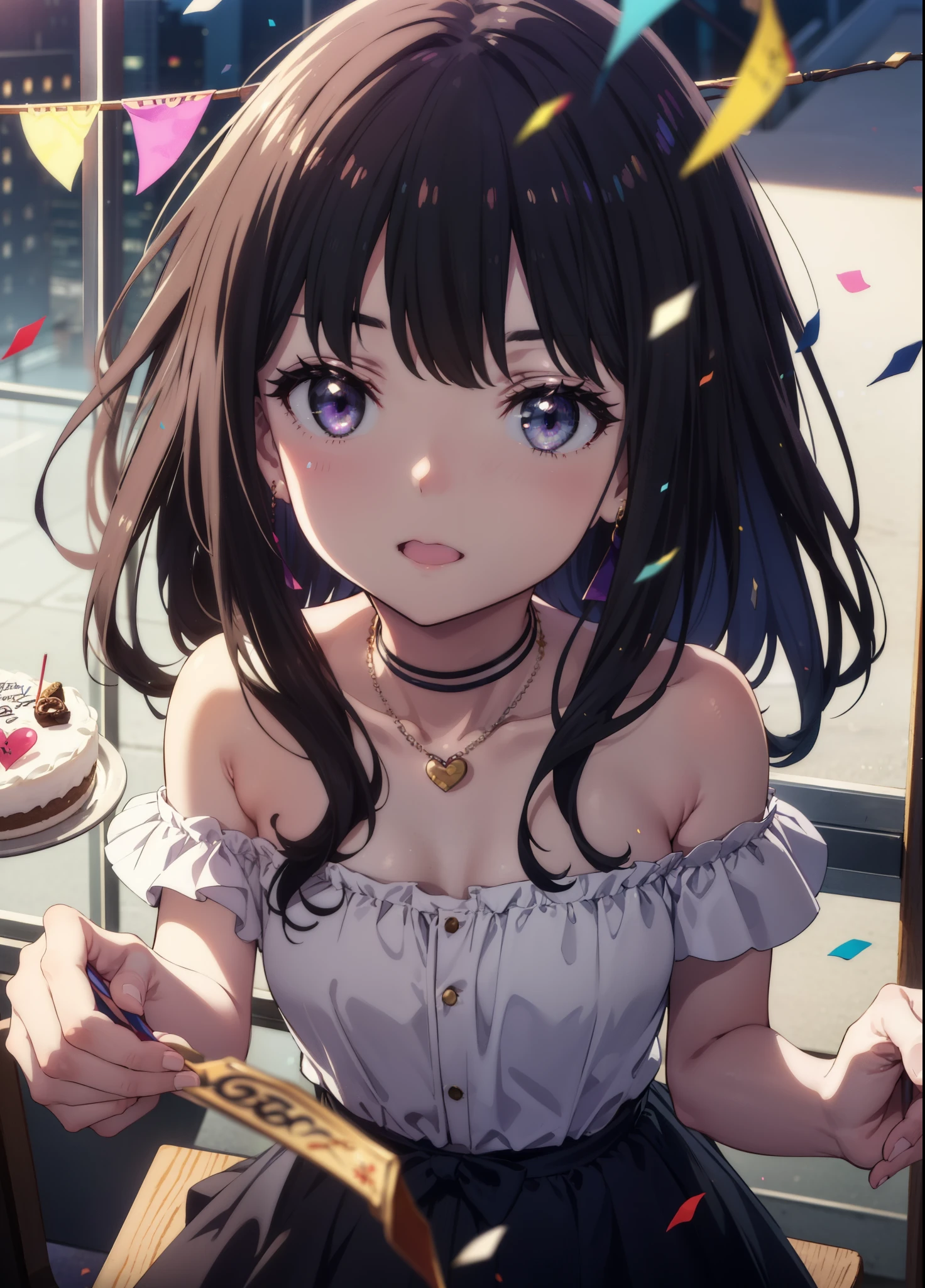 Takiuchikami, Long Hair, bangs, Black Hair, (Purple eyes:1.2),
smile,blush,Please open your mouth wide,Blue off-shoulder dress,Bare shoulders,bare clavicle,Bare neck,Heart Necklace,Short sleeve,Long skirt,Stiletto heels,There is a round birthday cake on the desk.,Confetti,cracker,whole bodyがイラストに入るように,
break indoors,  venue,
break looking at viewer, whole body,  (Cowboy Shot:1. 5),
break (masterpiece:1.2), Highest quality, High resolution, unity 8k wallpaper, (shape:0.8), (Beautiful attention to detail:1.6), Highly detailed face, Perfect lighting, Extremely detailed CG, (Perfect hands, Perfect Anatomy),