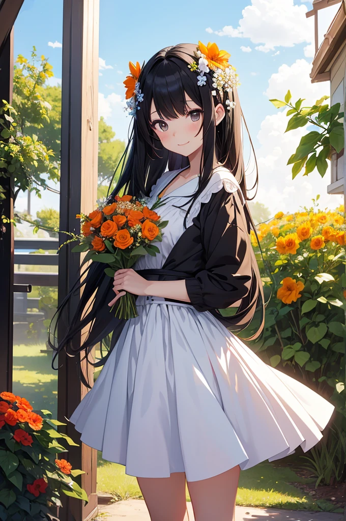 Anime girl with waist-length black hair and black eyes , Pixiv, Sequential Art, perfect white hair girl, Cute girl anime visuals, Beautiful anime school girl, Black-haired deity, Black-haired, Surreal , Girls Frontline Style, Holding a bouquet of orange flowers,Flower-like clothing,The only thing in the background is a flower field and blue sky.、2d 、Turn your body towards yourself、smile、smile、Sky to chest images、older sister、White dress、1 person,