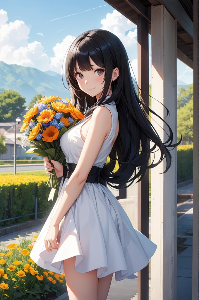 Anime girl with waist-length black hair and black eyes ,  Pixiv, Sequential Art, perfect white hair girl, Cute girl anime visuals, Beautiful anime school girl, Black-haired deity, Black-haired,  Surreal , Girls Frontline Style,  Holding a bouquet of orange flowers，Flower-like clothing，The only thing in the background is a flower field and blue sky.、２d 、Turn your body towards yourself、smile、smile、Sky to chest images、older sister、White dress、1 person，