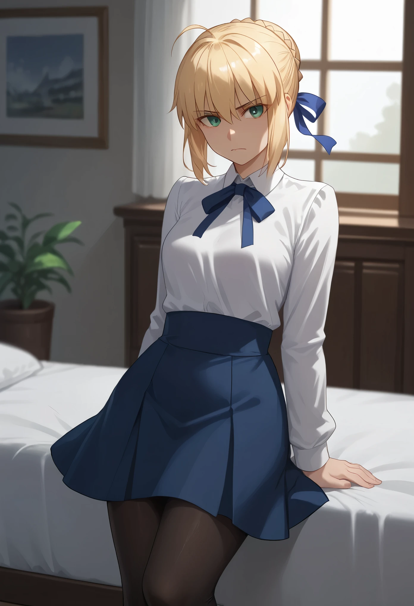 score_9,score_8_up,score_7_up, 1girl, solo, character: artoria_pendragon_(fate), character: saber_(fate), green_eyes, hair_between_eyes, blonde_hair, short_hair, single_hair_bun, ahoge, braid, braided_bun, hair_bun, hair_ribbon, sidelocks, shirt, white_shirt, blue_ribbon, long_sleeves, ribbon, black pantyhoses, standing, serious face, indoor, hall