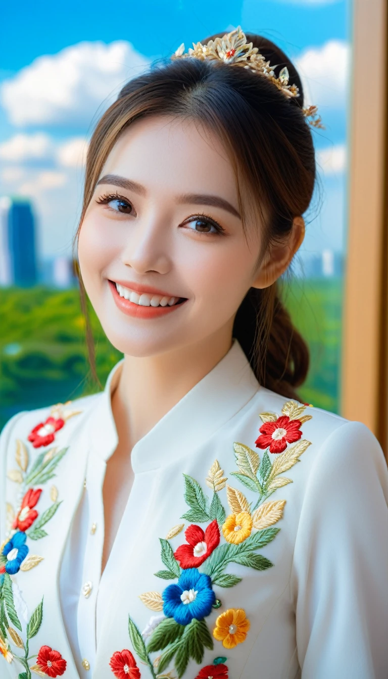 Close-up of an extremely beautiful girl. Her eyes are filled with happiness and desire. The background is a modern, luxurious office. She is wearing an office outfit, embroidered with flowers and leaves, with elaborate, eye-catching patterns. The view of the sky through the window is clear blue, with white clouds floating gently, as beautiful as a fairyland. The photo conveys a strong sense of desire for a modern, civilized urban development opportunity, ((smiling))