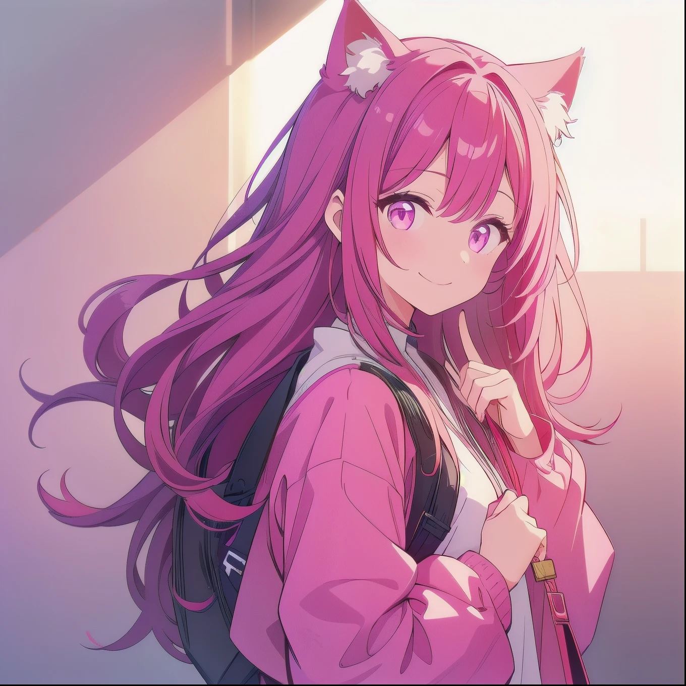 One Girl、Simple Background、smile、Cat ear、Long Hair、pink
