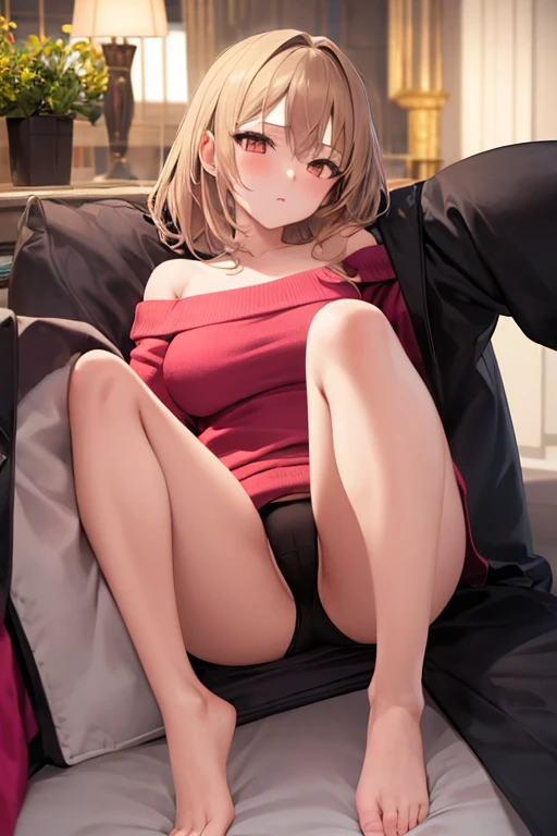 ((best quality)), ((masterpiece)), (detailed), 1girl, off-shoulder sweater,
Create an anime girl on her back with her legs open wearing pink and black underwear and who is 26 years old in a luxurious room landscape