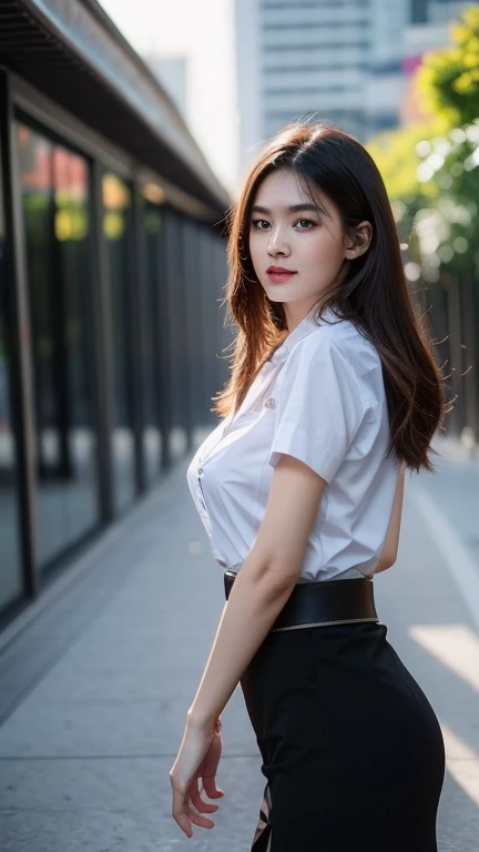 Pretty thai woman walking , (8k, best quality, masterpiece, ultra highres:1.2) Photo of Pretty thai woman beautiful, beautiful enchanting fashion contemporary painting with , (1girl), (white shirt short sleeves), ((black pencil skirt)), belt  , realistic skin texture , round chin, 85 mm art lens, f 1. 2, sharp focus, 8 k high definition, insanely detailed, intricate, elegant, large breasts, big breasts , black skirt