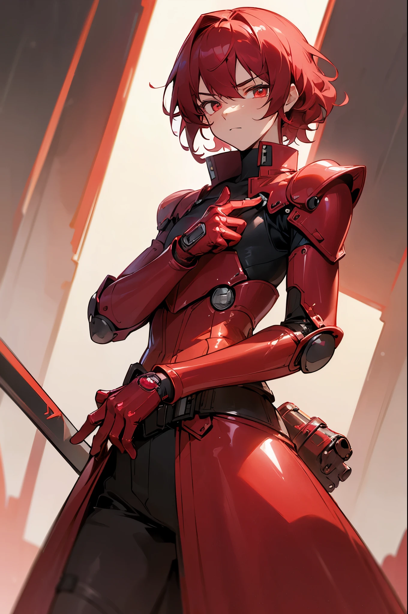 ultra detailed, masterpiece, best quality, solo, cowboy shot, facing viewer, boy, ((really shiny wavy short ruby color hair)), wearing a mechanical suit beneath a trenchcoat, light armor, ruby eyes, pensative expression, receptive, using a device on his arm that emits a red light, (((MALE)))