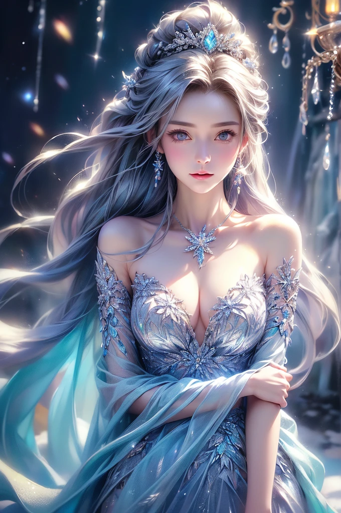 (Upper body photo:1.5)、dutch angle. wood, Exquisite mini ice spikes and crystals, A frozen waterfall in the background, Light reflected by ice crystals, Flowing snowflakes.1 girl、pretty girl,A realistic person,Beautiful cleavage,((medium breasts)),Thin legs、Tight waist、standing, Long dress
