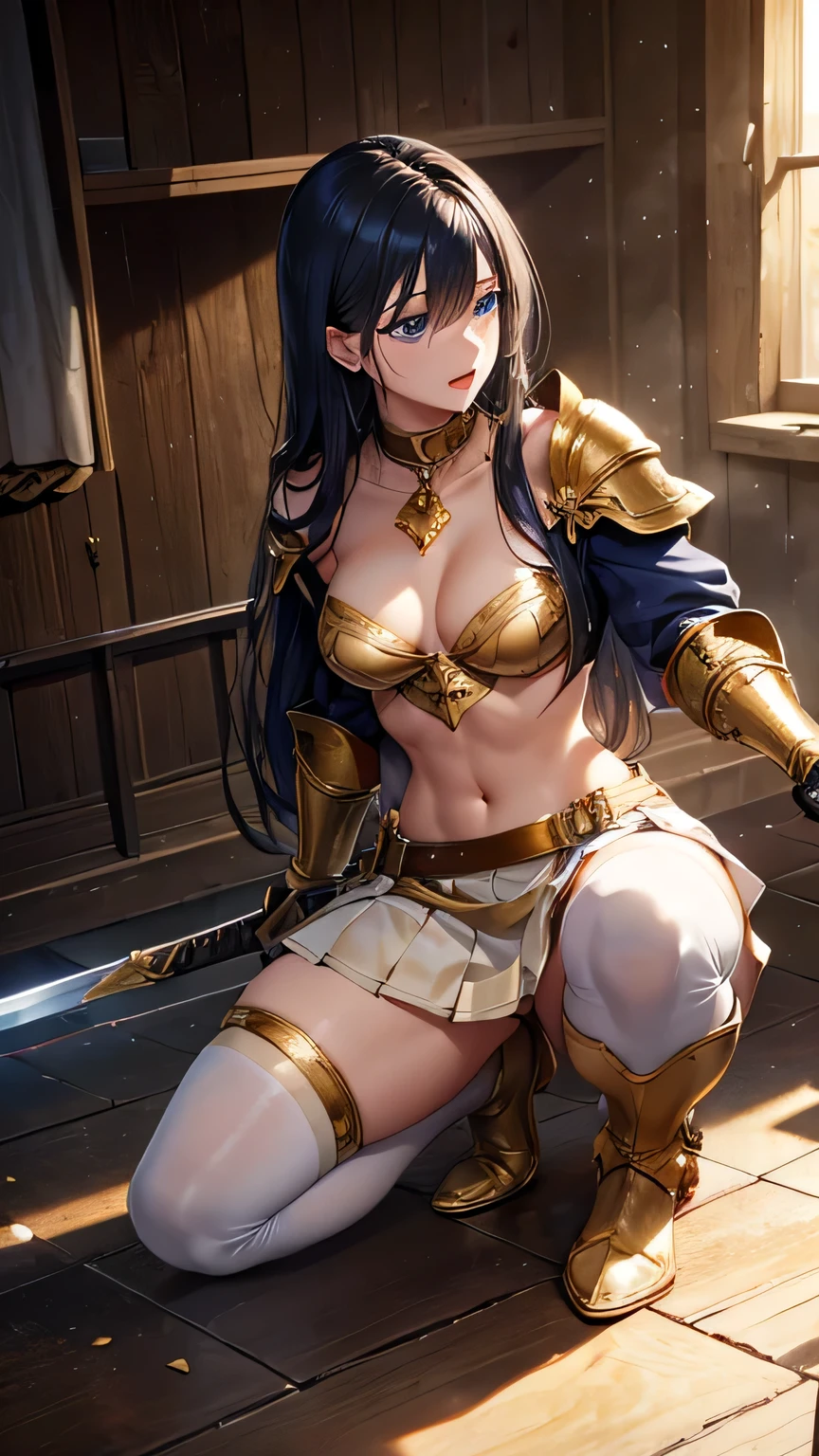 Nsfw, masterpiece, Highest quality, High resolution, 8K, Realistic, Very delicate and beautiful, super detailed skin, ((Fantasy)),
BREAK portrait, 1 woman, 18 years old, Perfect female body, elegant mature woman, Beautiful woman,
BREAK ((flat chest)),
BREAK (full-body shot/Cowboy shooting/Rear view/top view/top view),
BREAK armor knight, (((bikini type gold metal breastplate))), gold breastplate with very fine and intricate decoration, (((crop top))), (((navel))), (((strapless dress))), collarbone, midriff, ((Cleavage)), ((((choker)))),
BRAKE ((gold armor knee-high boots)), (gold metal high heel boots), ((thighhighs)), ((Gold metal armlet)), Princess Blade, (((((white pleated skirt))))), medium skirt, (((see-through pleated skirt))), wet clothes, (dripping), white panties, crotch seam, (((equip a long sword))),
BREAK Cute beauty face, (focus on face), Ultra-fine facial texture,
BREAK (navy blue hair), long hair, silky hair, swept-side bangs, forehead,
BREAK (((Clear dark navy blue eyes))), thin eyebrows, long upper eyelashes, Upper Eye, high fidelity eyes, ((super detailed eyes)),
BREAK (((oily skin))), ((gleaming skin)),
BREAK (((bdsm))), embarrassed, blush, (open mouth),
BREAK indoor, Abandoned hospital, ((bedroom)), Dirty inorganic floor, Decaying walls, Broken windows, Rusty medical equipment, Haunting atmosphere, Dust and cobwebs, 1 Broken glass medicine cabinet, Broken doctor's desk and chair, Screen curtains with torn fabric, Scattered dirty bandages and other medical care equipment, Broken ceiling fan, Flickering lights, Vines and plants, Haunted house, night, lying on side
BREAK plain wall, (best quality,4k,8k,highres,masterpiece:1.2),ultra-detailed,(realistic,photorealistic,photo-realistic:1.37),digital painting, oil painting, extremely detailed, hyperrealistic, natural lighting, dramatic lighting, warm color palette,
