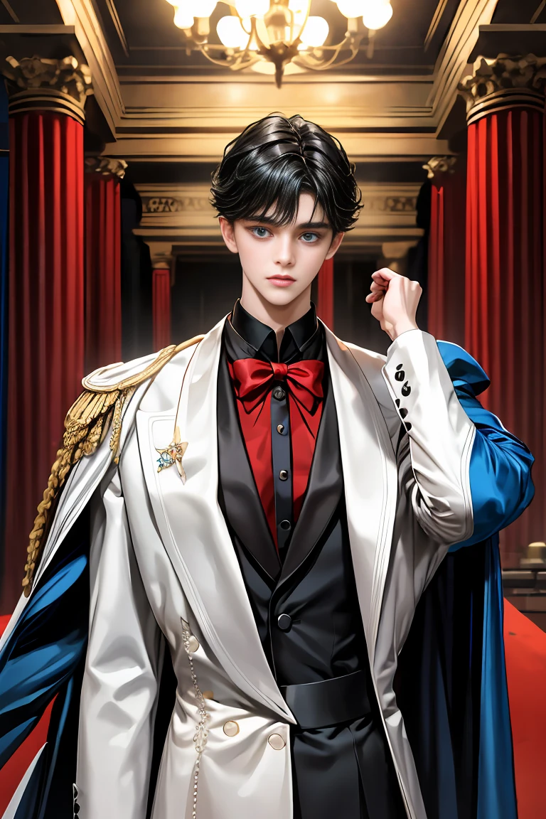 masterpiece, 最high quality, high quality, 1 boy, alone, Male focus, Watching the audience, Messy black hair, Adorable big blue eyes, White, Noble, Noble,A sexy, voluminous, puffy cape、tuxedo、A very voluminous, large, very large, very large, long, long red and black cape with a high stand-up collar, made of a lot of fabric that reaches down to the floor., 17 years old,Cute beautiful boys,Cute, cute, kind, handsome guy